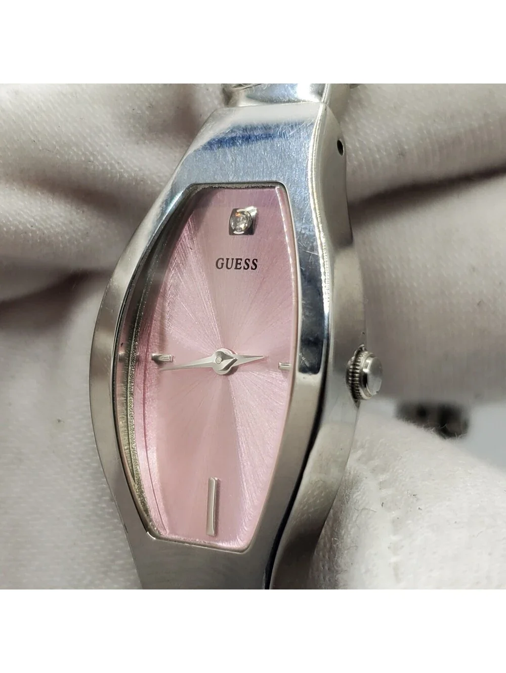 Guess Pink Dial Rectangle Womens Watch  17mm Silver Tone New Battery